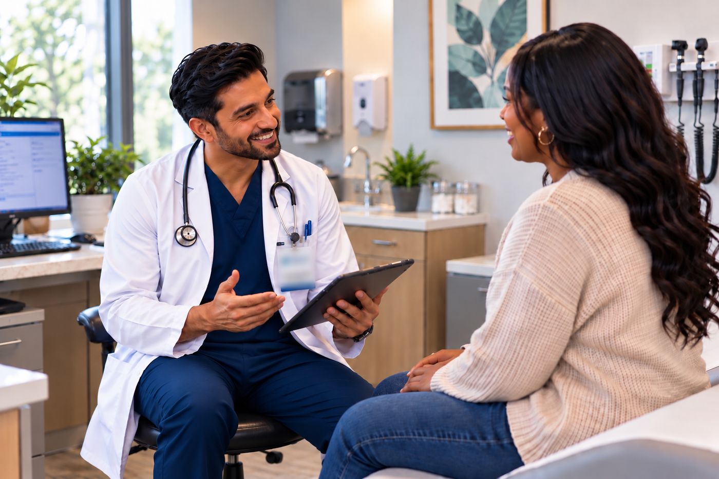 A clinician with a tablet talking with a smiling patient in a bright exam room