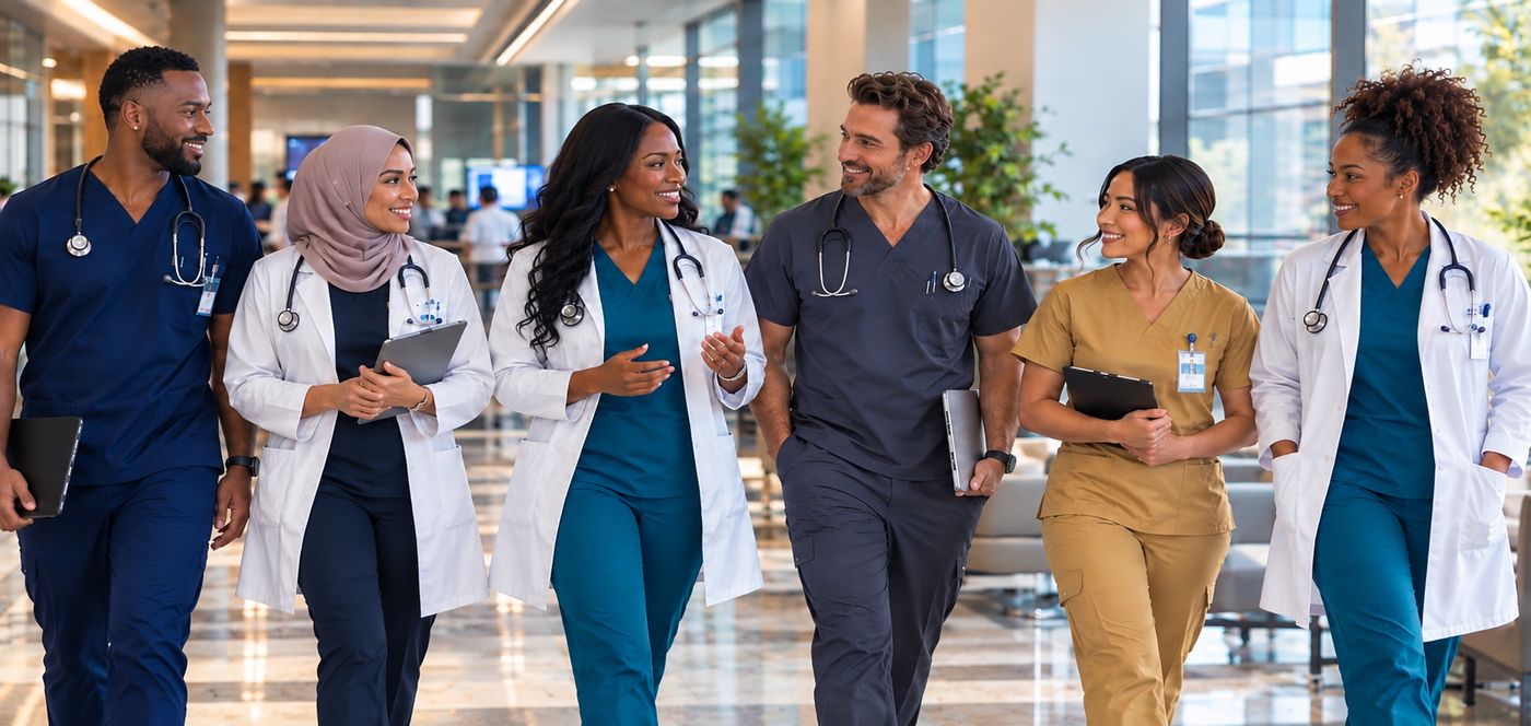 Six smiling clinicians in scrubs and white coats walking and talking together in a bright hospital atrium